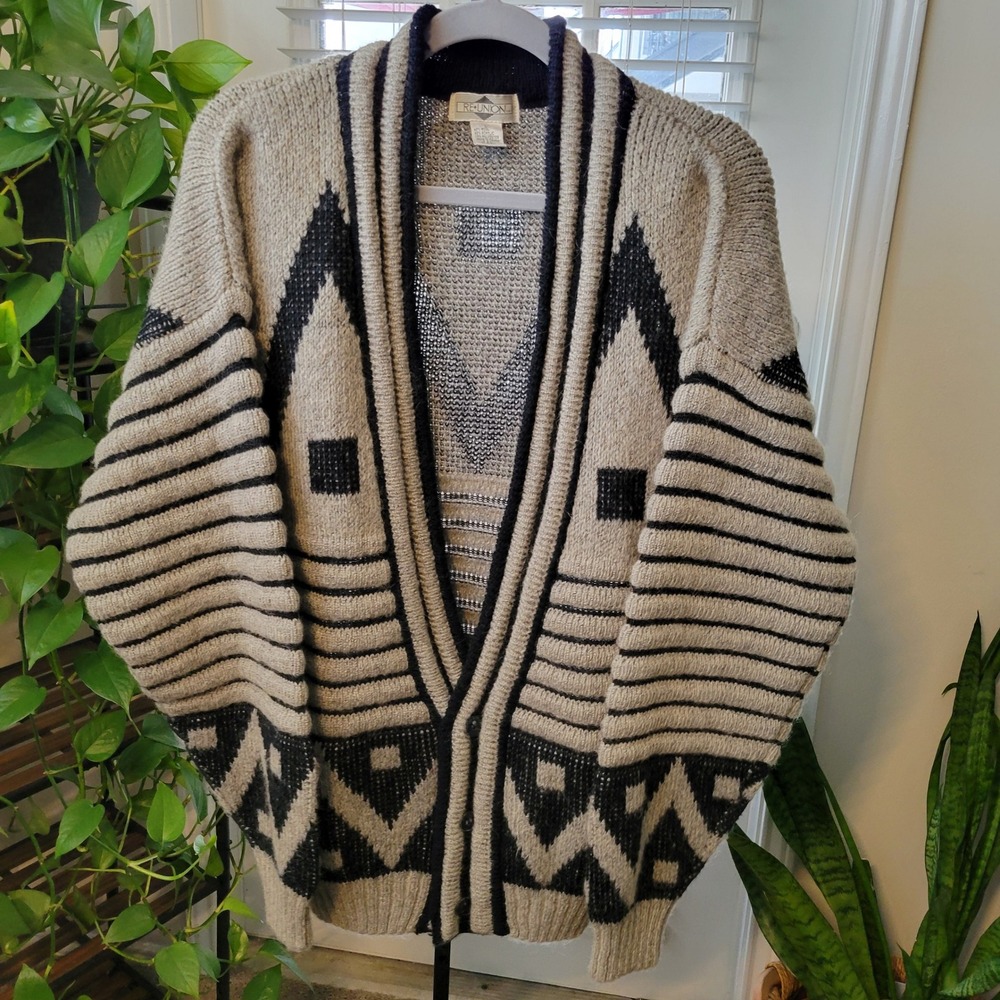 VTG Reunion Mens Wool Blend Geometric Tribal Shawl Collar Cardigan Sweater L